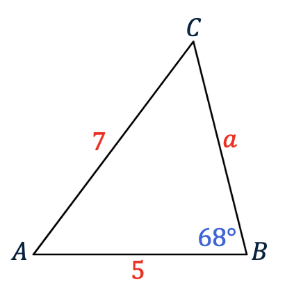 Schets van driehoek ABC met AB=5, AC=7 en hoek B=68 graden.