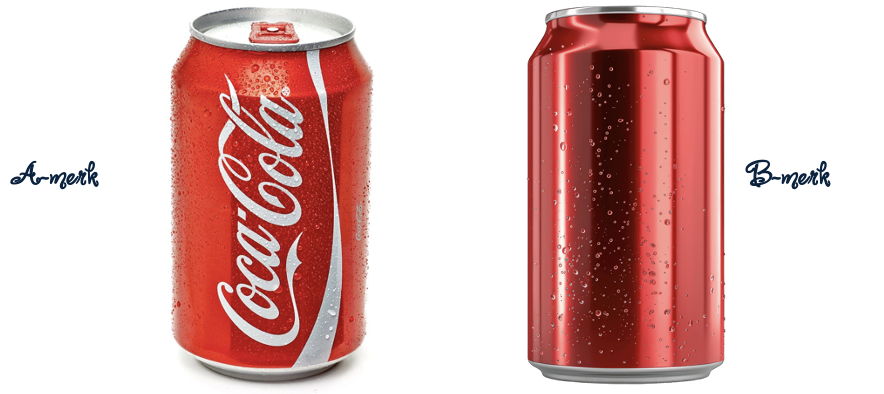 A-merk cola naast een B-merk blikje.