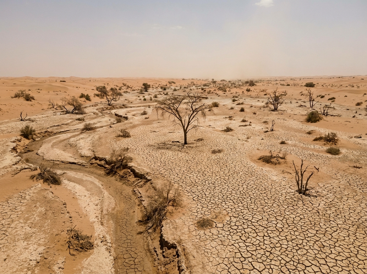Een droog, zanderig landschap met schaarse, verdorde plantengroei en gebarsten aarde.