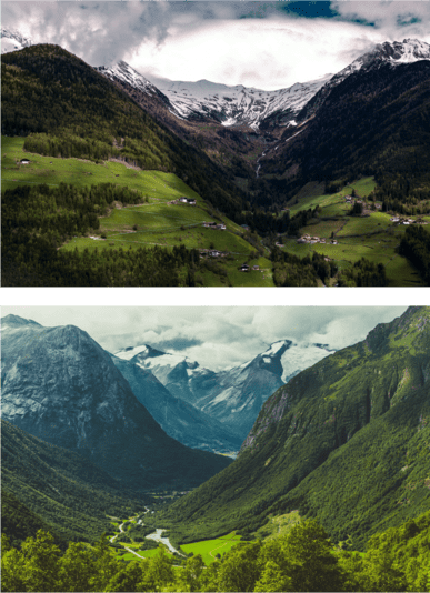 De bovenste afbeelding is een goed voorbeeld van een V-dal en de onderste afbeelding weergeeft een U-dal.