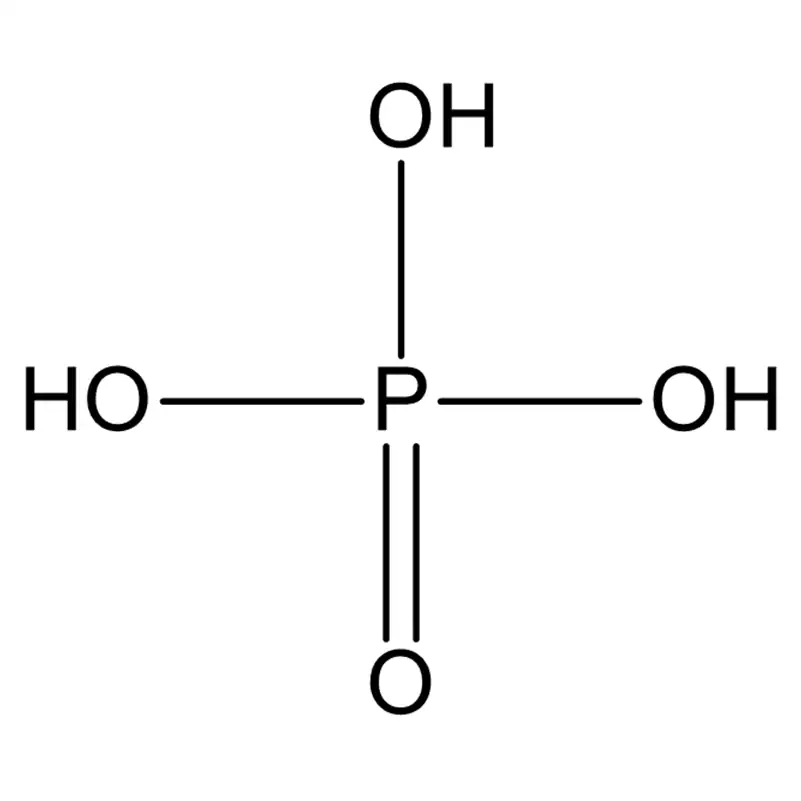 Structuurformule van fosforzuur (H₃ PO₄ ) met een centraal fosforatoom gebonden aan vier zuurstofatomen, waarvan drie zuurstofatomen ook aan een waterstofatoom gebonden zijn.