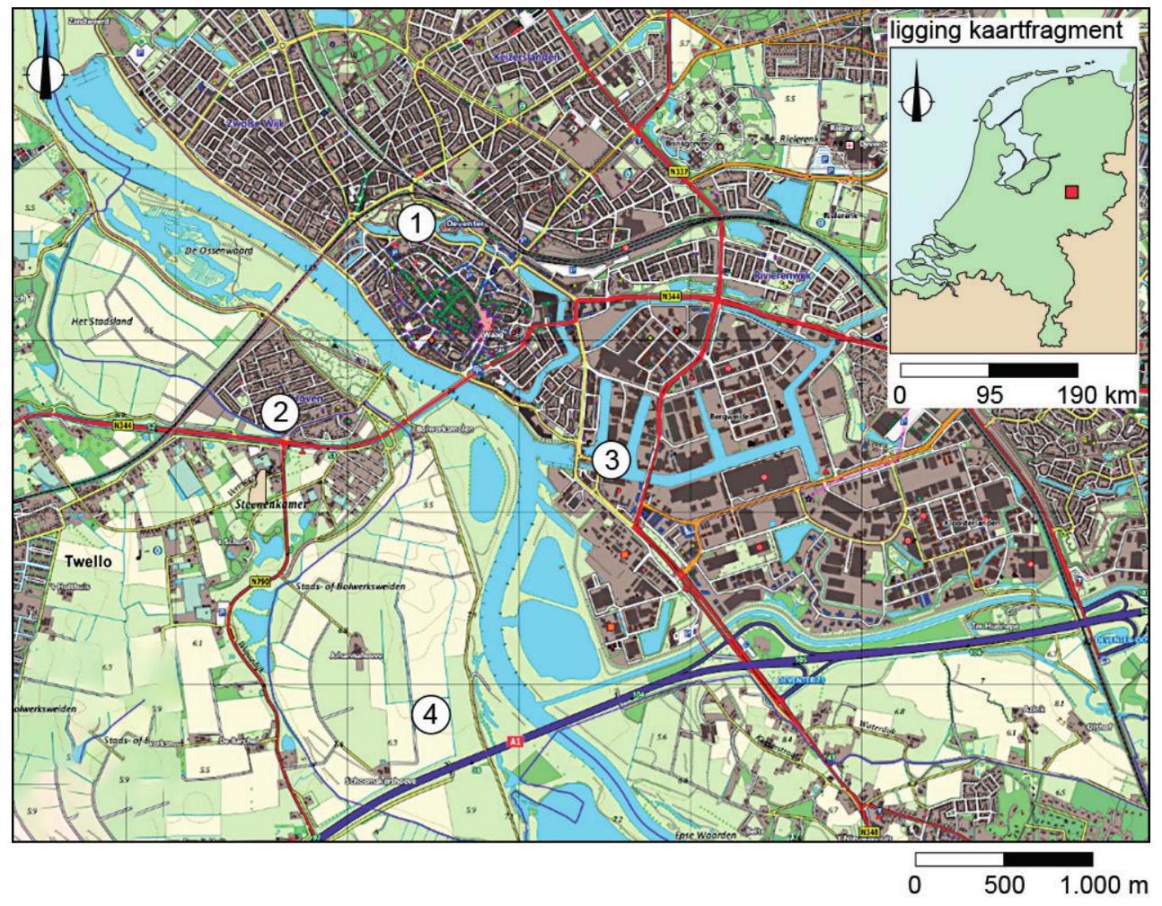 Topografische kaart van de rivier de IJssel bij Deventer