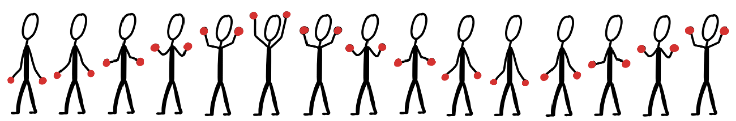 Een schematische weergave van een transversale golf met pijlen die de op- en neergaande beweging van de deeltjes laten zien, vergeleken met een 'wave' in het voetbalstadion