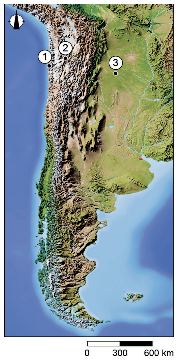 Ligging van de plaatsen Antofagasta (1), San Pedro de Atacama (2), Fuerte Esperanza (3)