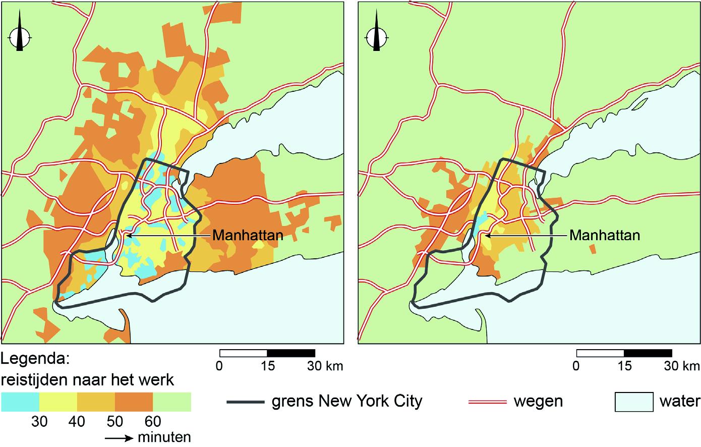Met de auto (links), met het openbaar vervoer (rechts)