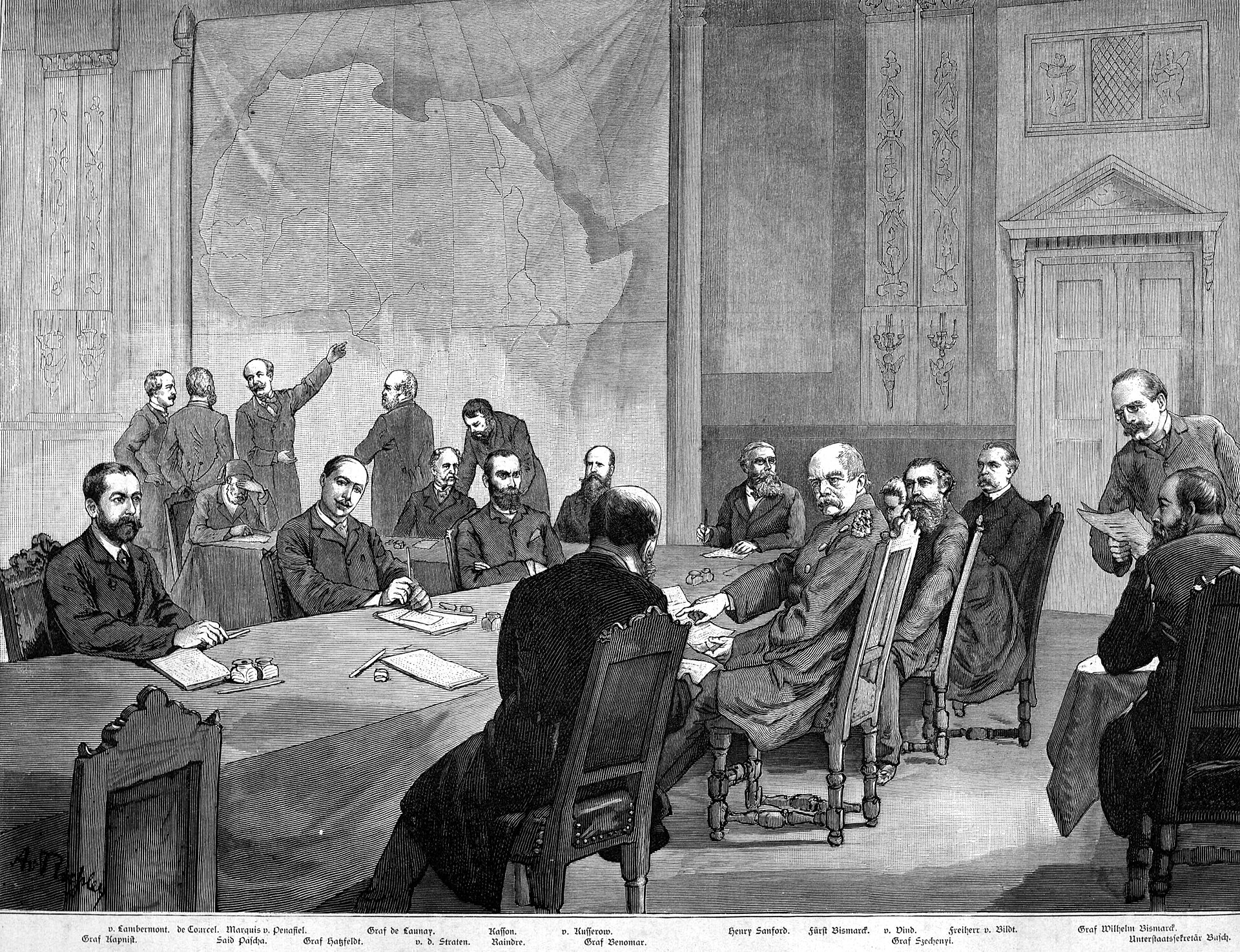 Tekening van de deelnemers aan de Congo-conferentie in 1884, https://commons.wikimedia.org/wiki/File:Kongokonferenz.jpg