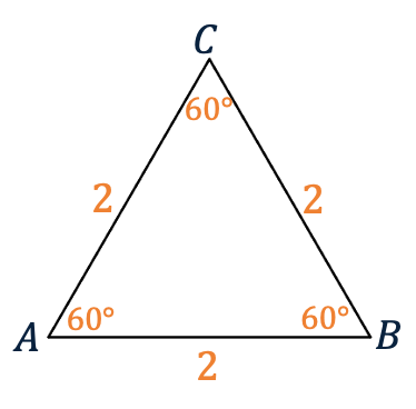 Gelijkzijdige driehoek ABC, met zijden van lengte 2 en hoeken van 60 graden bij A, B en C