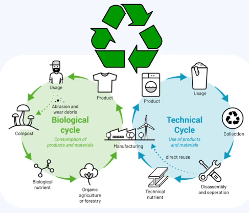 Schematische weergave van de biologische cyclus, waarin natuurlijke materialen terugkeren naar de natuur, en de technische cyclus, waarin industriële materialen worden hergebruikt