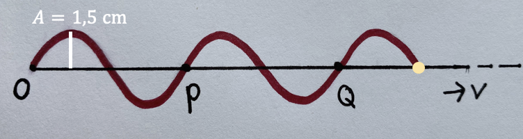 Een schematische weergave van een transversale golf op een koord. De horizontale as is de plaats (x), de verticale as de uitwijking (u). Punten O, P, Q zijn aangegeven in de evenwichtsstand. De amplitude (A) is verticaal aangegeven.