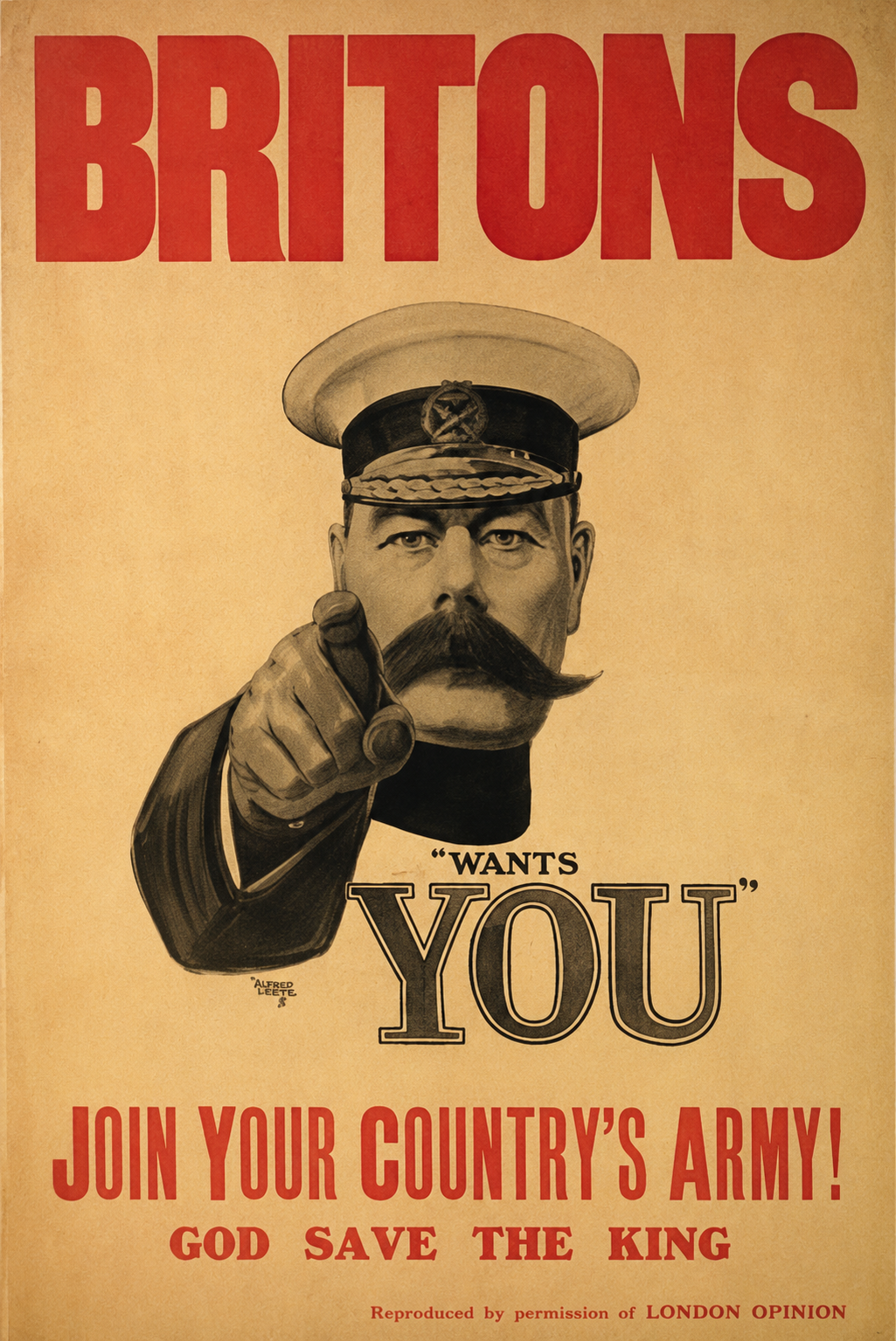 Britse wervingsposter met Lord Kitchener die naar de kijker wijst en zegt: "Britons Wants YOU".