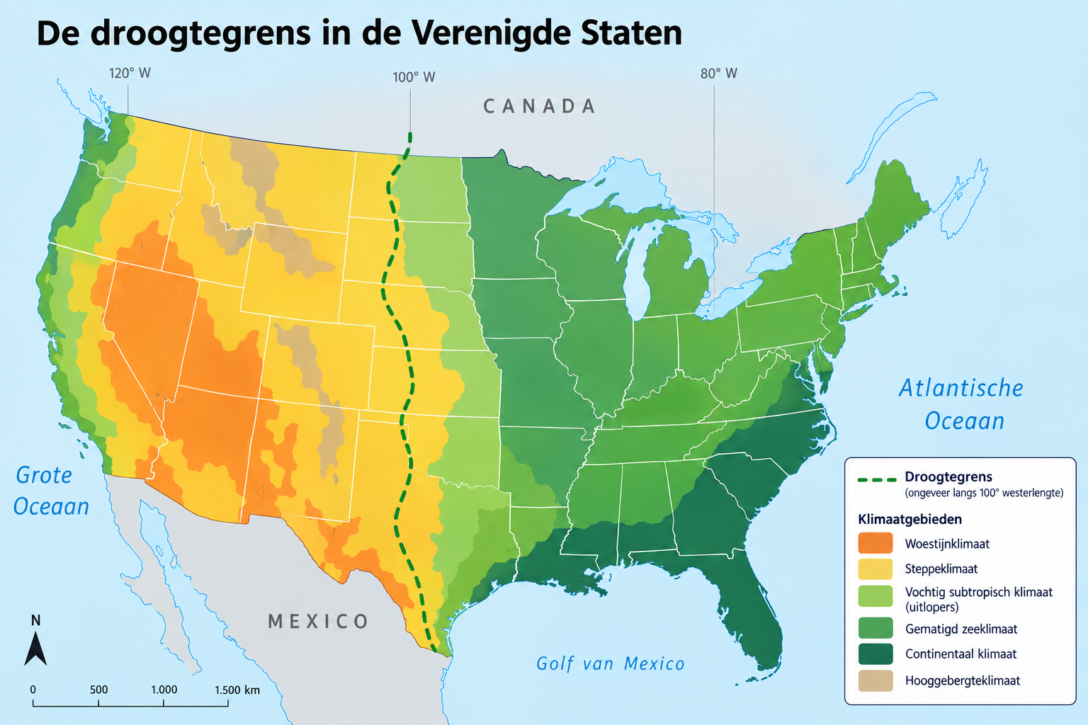 Een kaart van de Verenigde Staten met een groene stippellijn die de droogtegrens aangeeft, lopend van noord naar zuid rond de 100 graden westerlengte.