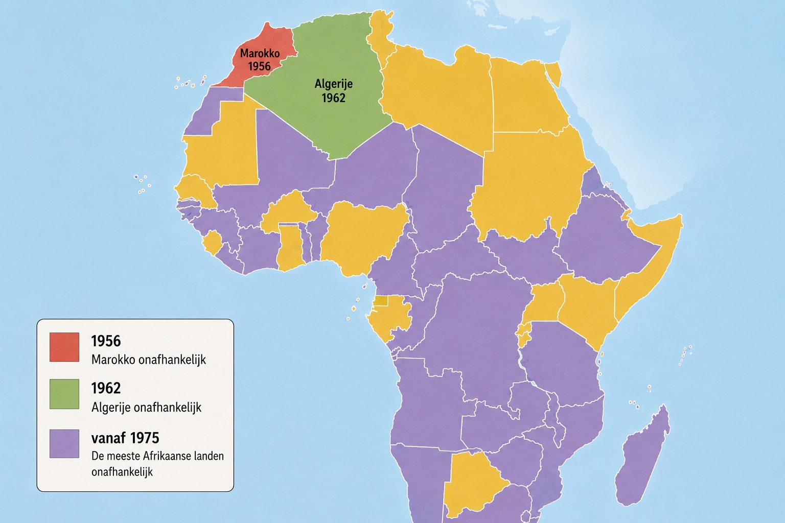 Kaart van Afrika met de verschillende onafhankelijkheidsdata van de landen