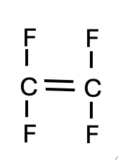 Structuurformule van tetrafluoretheen met de dubbele binding duidelijk zichtbaar.