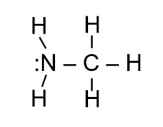 Een stikstofatoom met een vrij elektronenpaar, gebonden aan twee waterstofatomen en een koolstofketen (methylgroep).