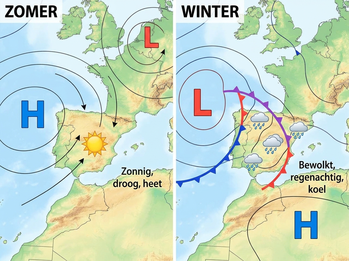 Twee kaarten van Spanje die de typische ligging van hoge- en lagedrukgebieden tonen in de zomer en de winter, met bijbehorende weersomstandigheden.