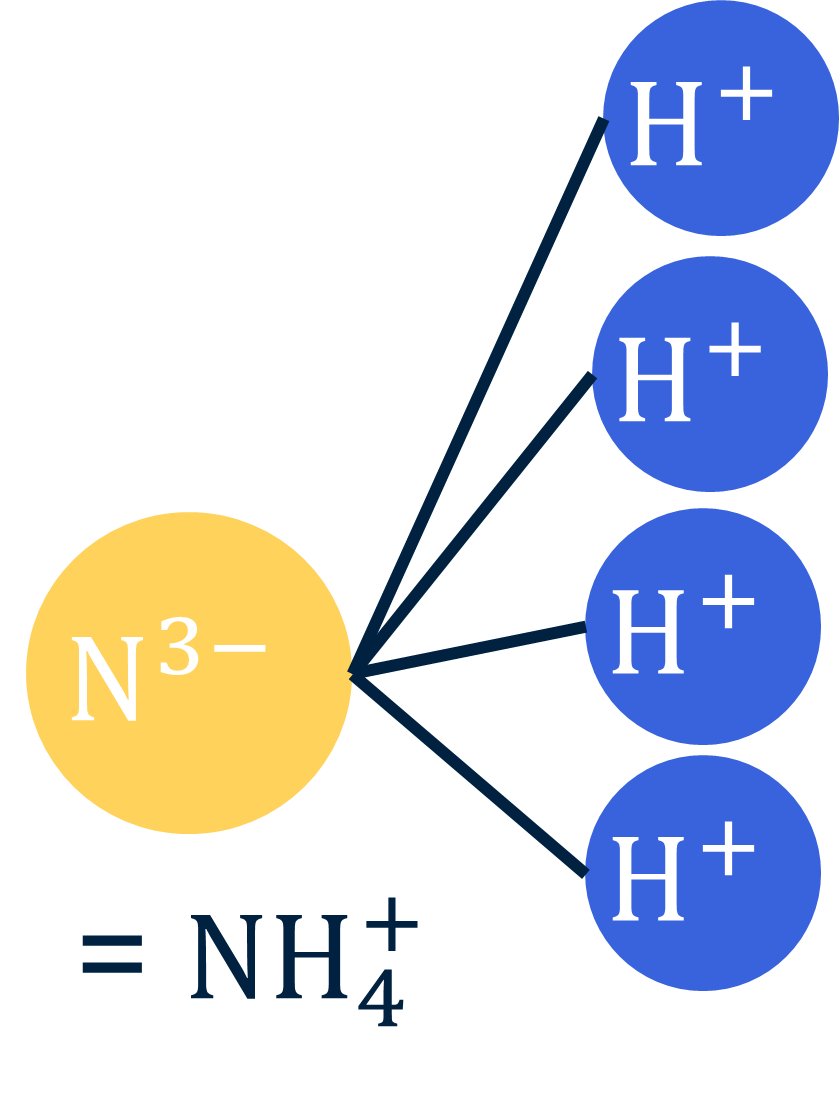 Afbeelding 1: structuurformule van ammonium-ion (NH₄⁺) met de atomen en de totale lading