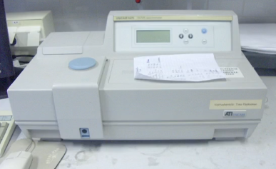 Schematische tekening van een spectrofotometer, met een lichtbron, prisma, cuvet met monster en blanco, en een detector die de intensiteit van het doorgelaten licht meet.