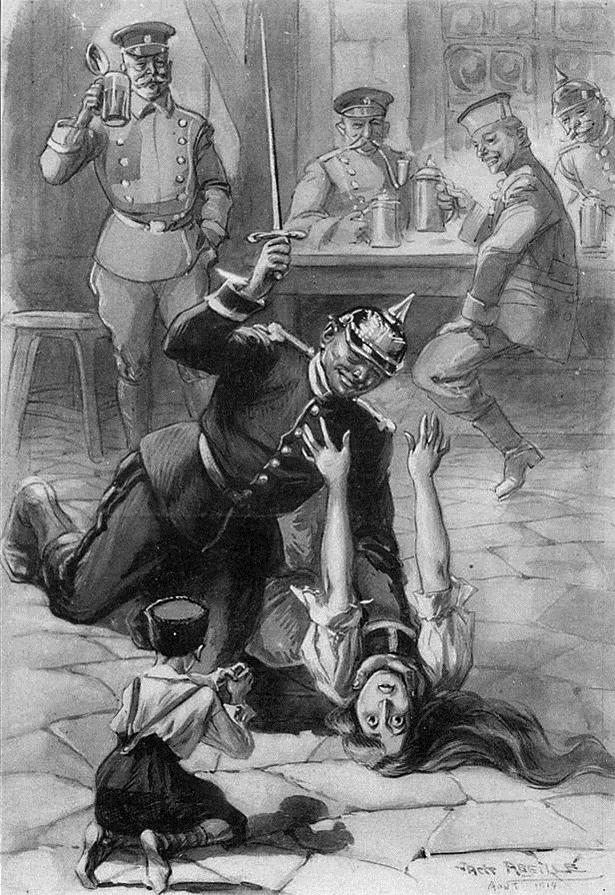 Een tekening met als titel: De heldhaftigheid van Duitsers (1914)