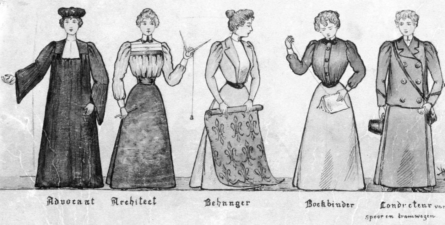 Een tekening met als titel Enkele beroepen, waarin vrouwen NIET werkzaam zijn, of slechts bij hoge uitzondering (1898):