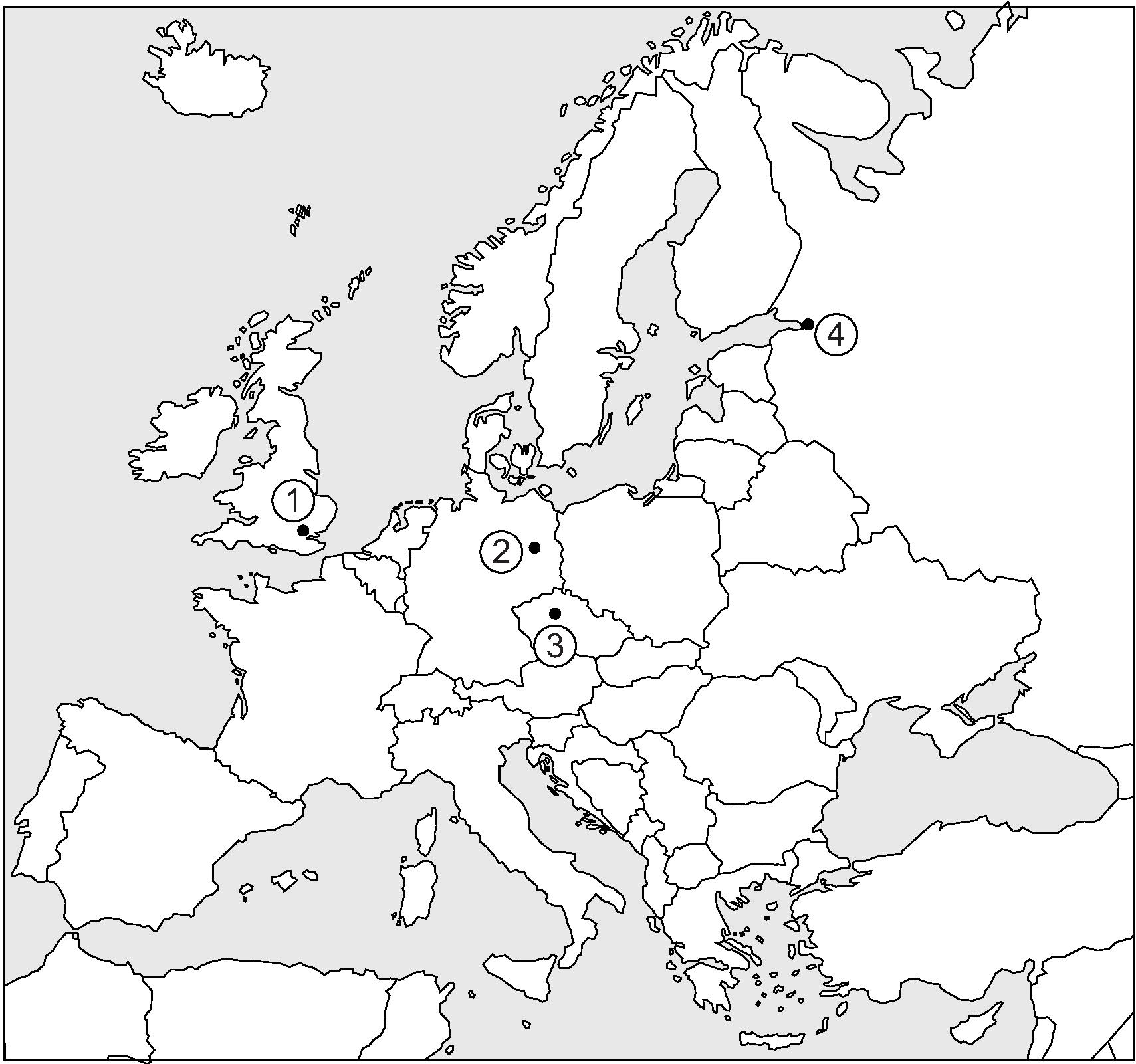 Een kaart van Europa met vier nummers