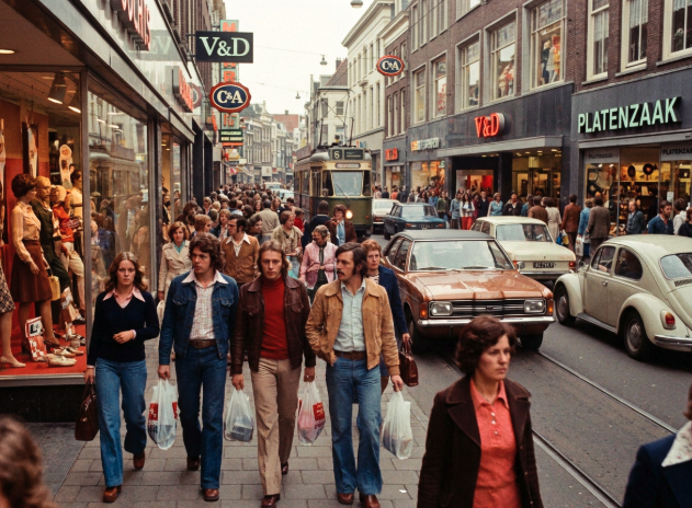 Winkelstraat met veel mensen in de jaren 70