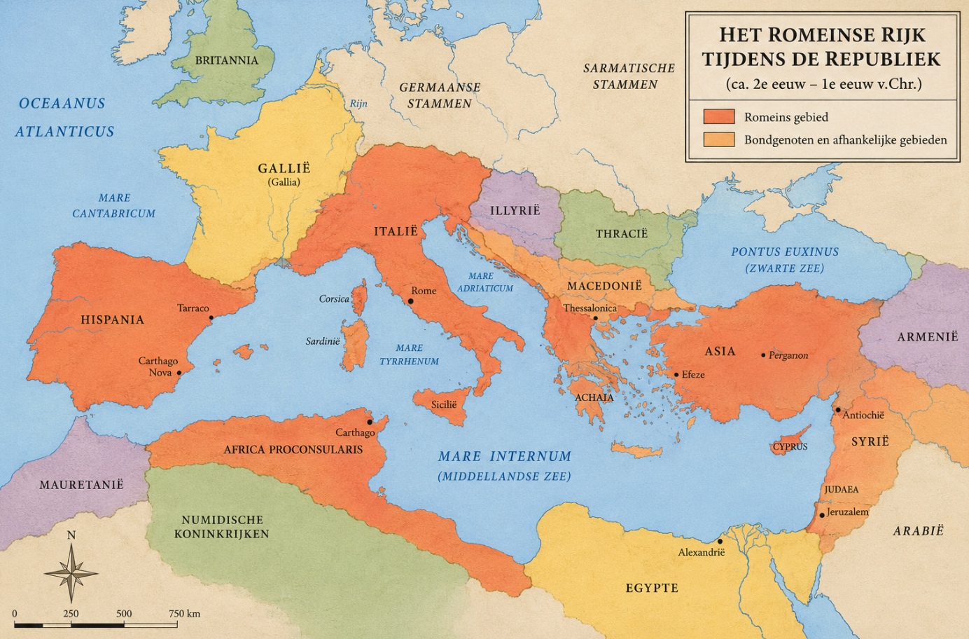 Kaart van de uitbreiding van het Romeinse Rijk tijdens de Republiek