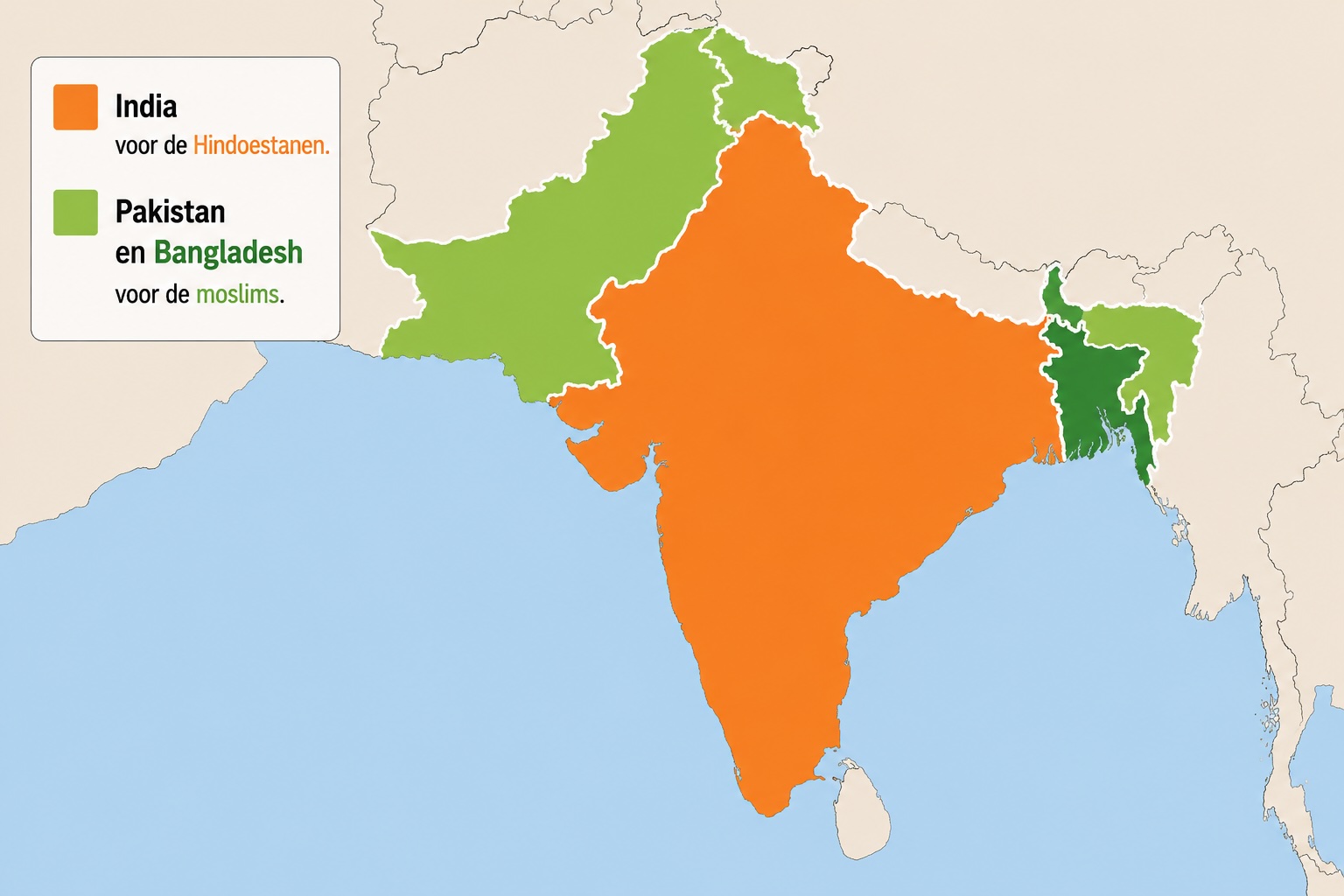 Kaart van de verdeling van Brits-Indië in India, Pakistan en Bangladesh