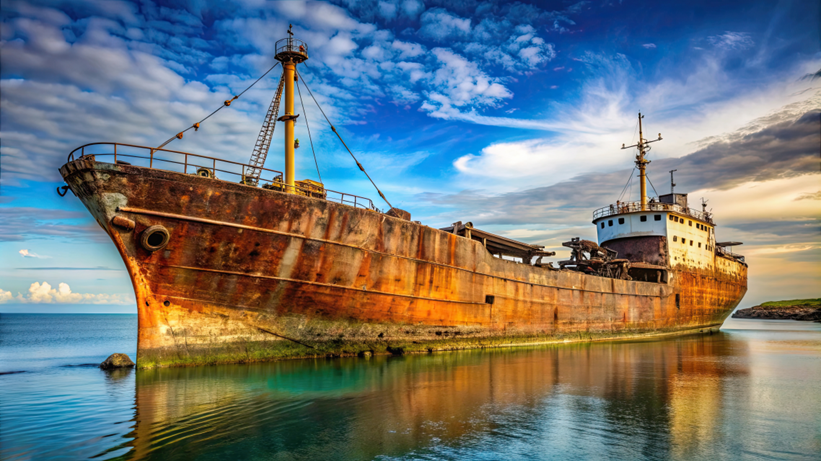 Roestend schip in zoutwater