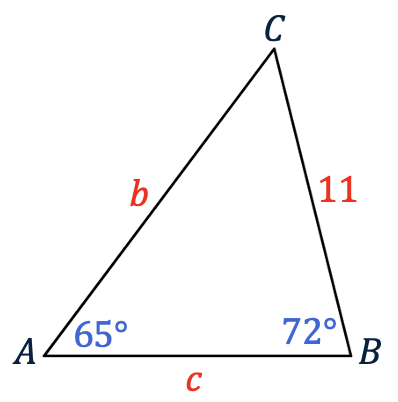 Schets van driehoek ABC met BC=11, hoek A=65 graden en hoek B=72 graden.