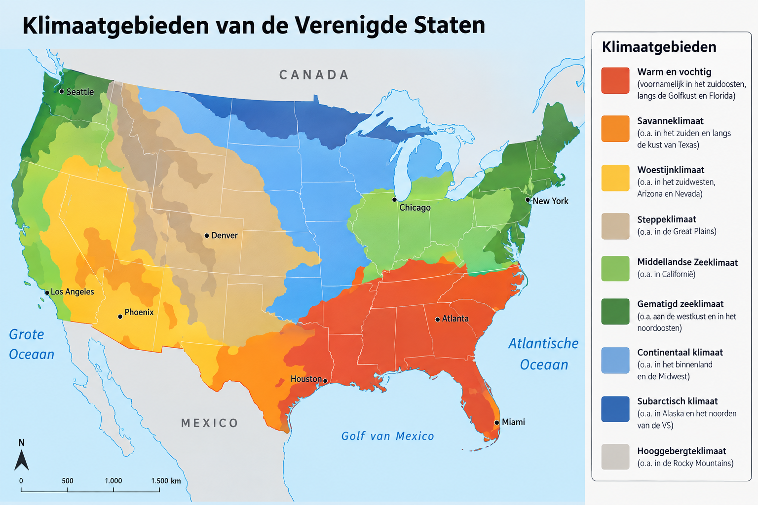 Een kaart van de Verenigde Staten met verschillende kleuren die de diverse klimaatgebieden aanduiden, van warm en vochtig in het zuidoosten tot droog in het westen. Deze klimaatverschillen beïnvloeden de landbouw in de VS.