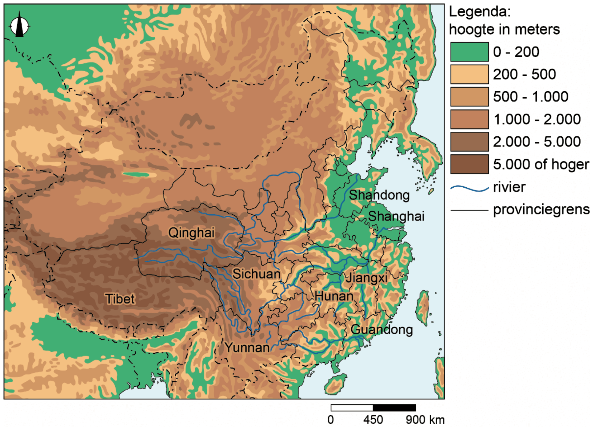 De ligging van een aantal autonome regio's en/of provincies in China