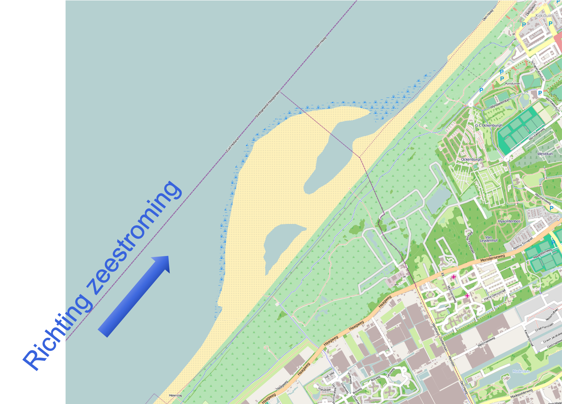 Zandmotor (Bron: By Smiley.toerist - Own work using Openstreetmap, CC BY-SA 3.0, https://commons.wikimedia.org/w/index.php?curid=21971766)