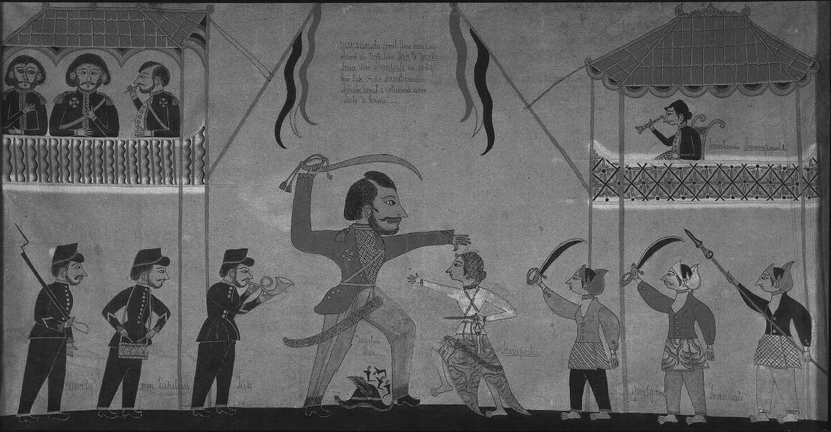 Javaanse tekst op het schilderij: de moord op kapitein Tack te Kartasura in 1684.