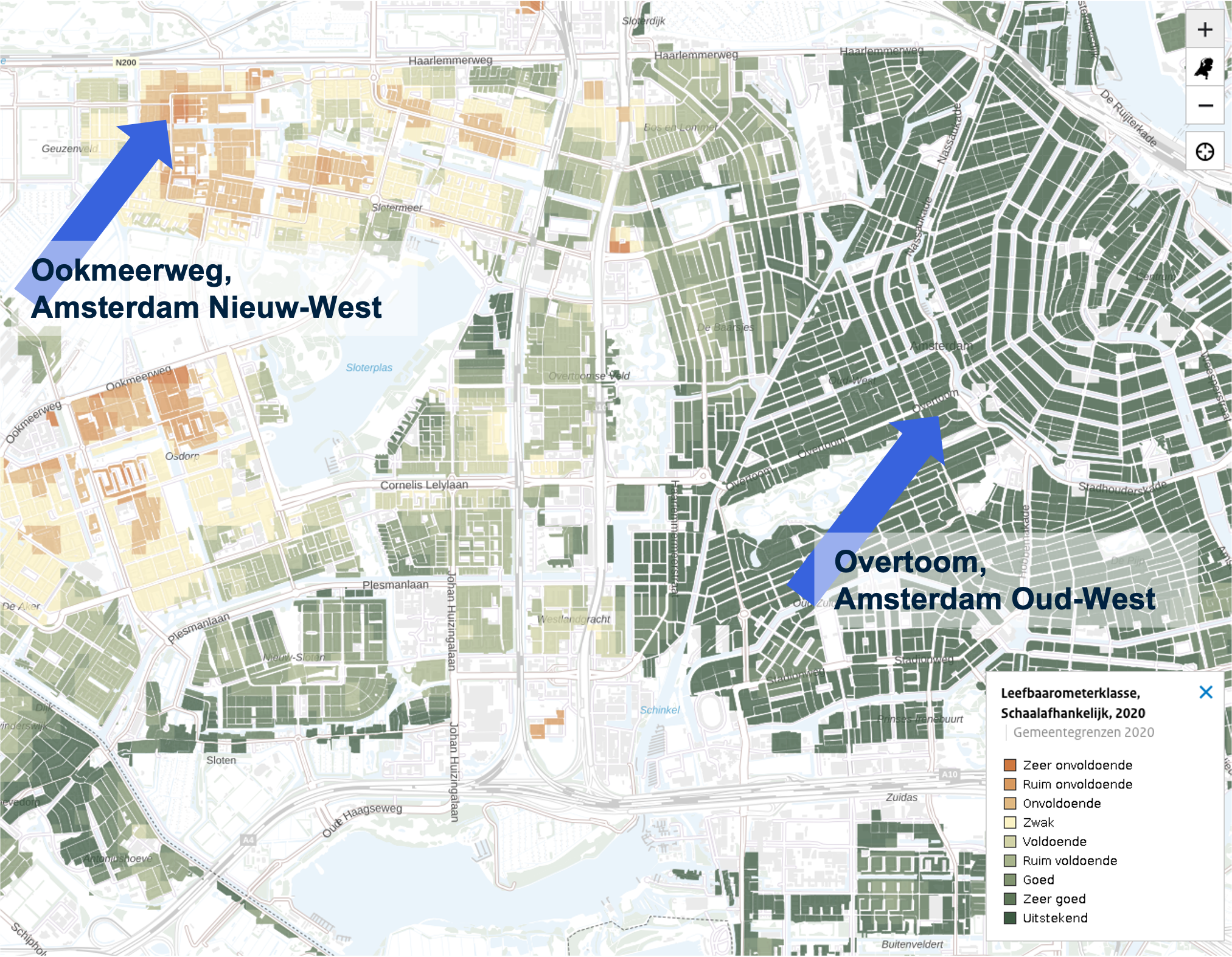 Score leefbaarometer kaart Amsterdam. Bron: Ministerie van Binnenlandse Zaken en Koninkrijksrelaties, leefbaarometer.nl