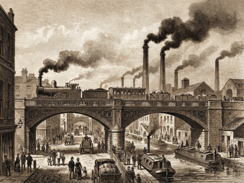 Spoorweg en fabrieken tijdens de industriële revolutie