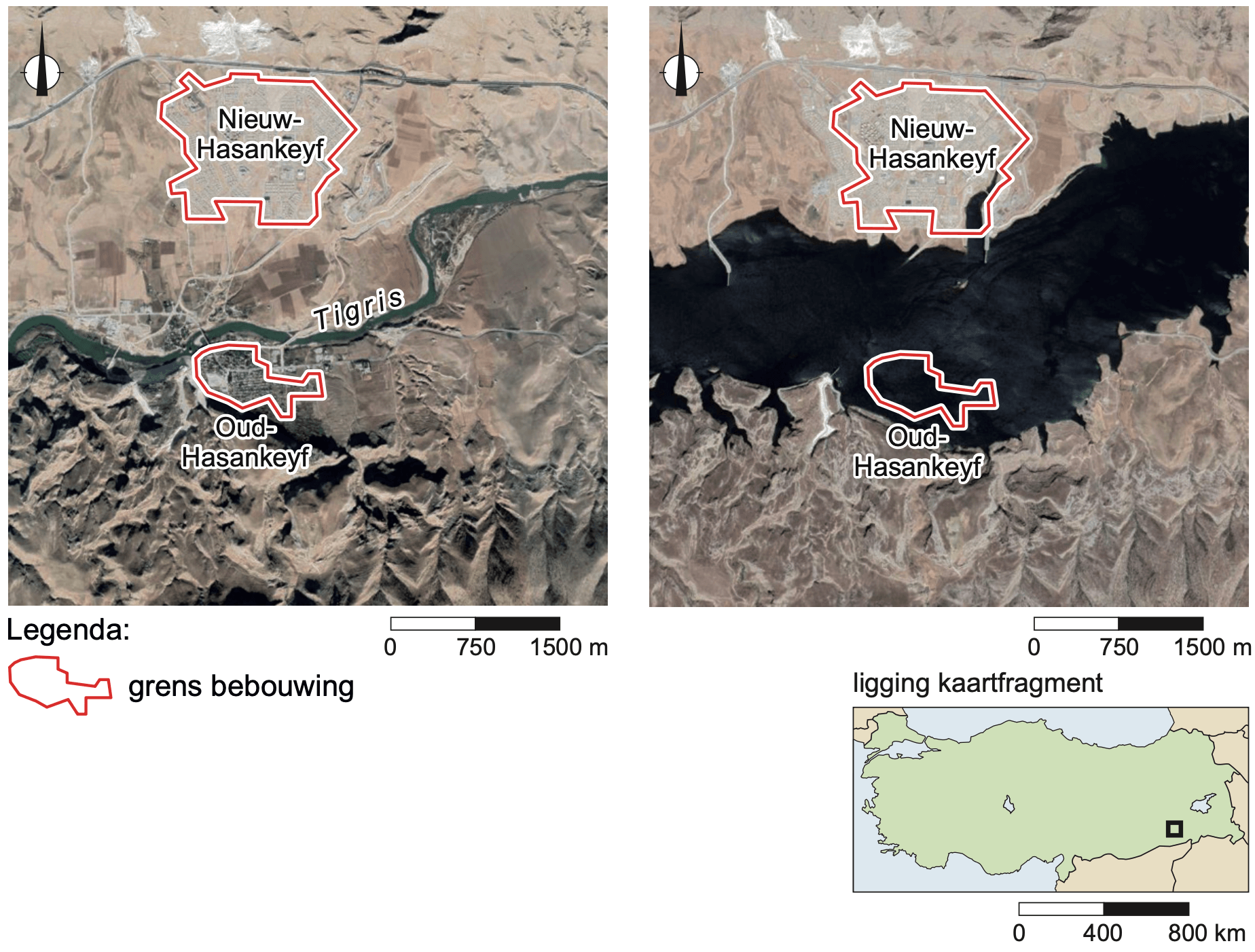 Het dorp Hasankeyf in zuidoost-Turkije, 2019 (links) en 2020 (rechts)