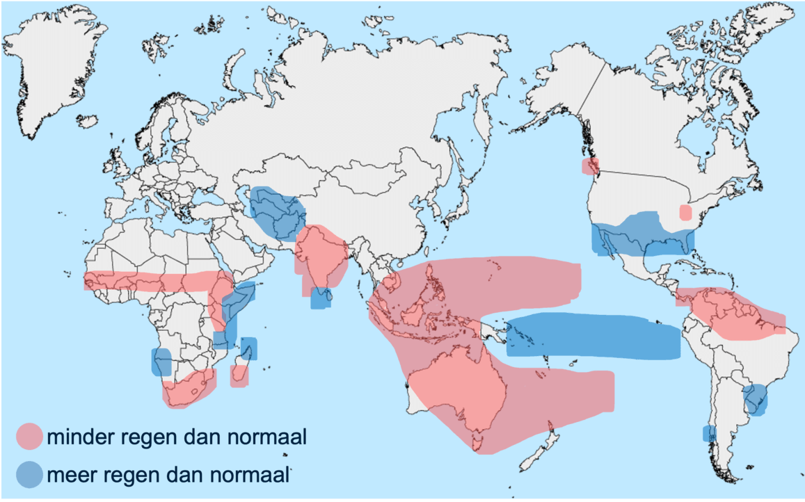 Gevolgen El Niño voor het weer en neerslag over de wereld.