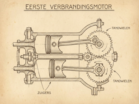 Technische tekening van een vroege verbrandingsmotor met zuigers en tandwielen