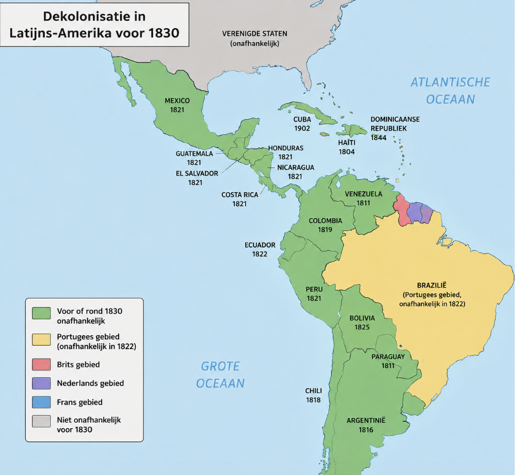 Kaart van dekolonisatie in Latijns-Amerika voor 1830