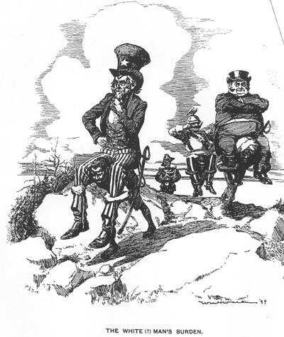 Spotprent over de "White Man's Burden" waarbij de mensen uit koloniën worden uitgebuit en de witte man op hun schouders wordt gedragen, https://commons.wikimedia.org/wiki/File:The_white_mans_burden.gif