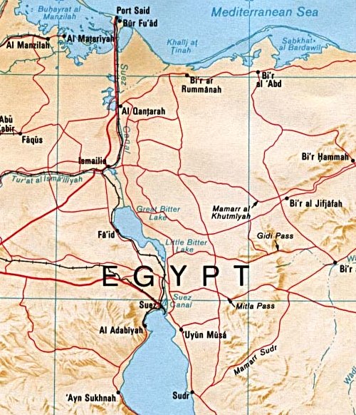Kaart van het Suezkanaal, https://commons.wikimedia.org/wiki/File:Suez_canal_map.jpg