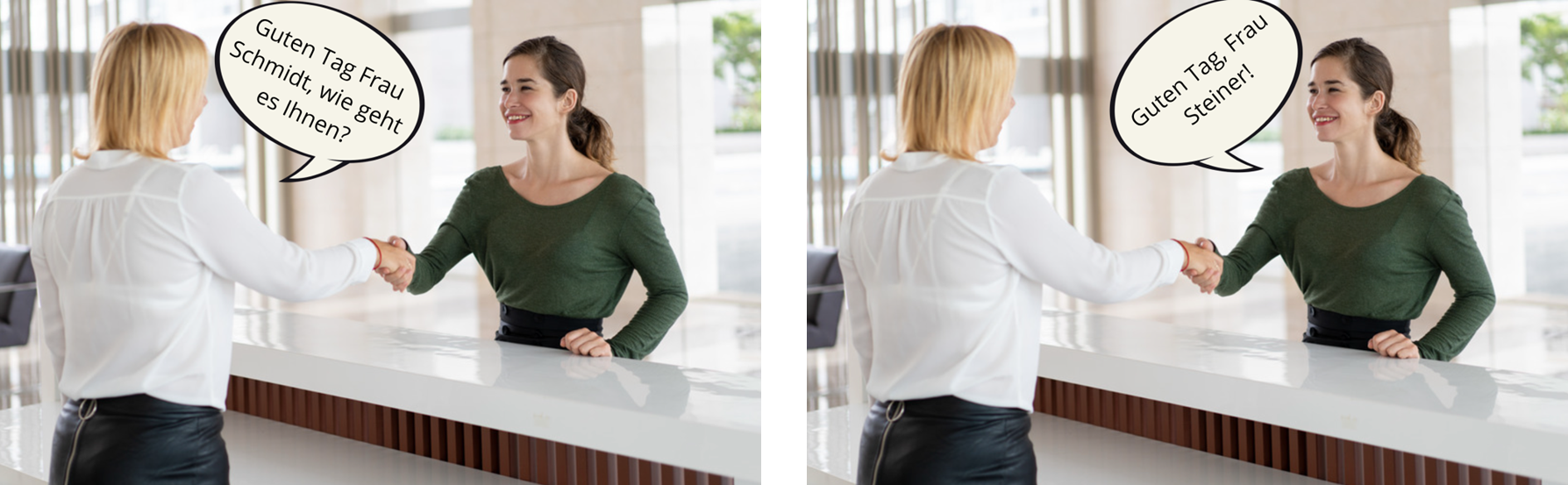 Afbeelding 2: Mevrouw Steiner en mevrouw Schmidt die elkaar formeel begroeten. 