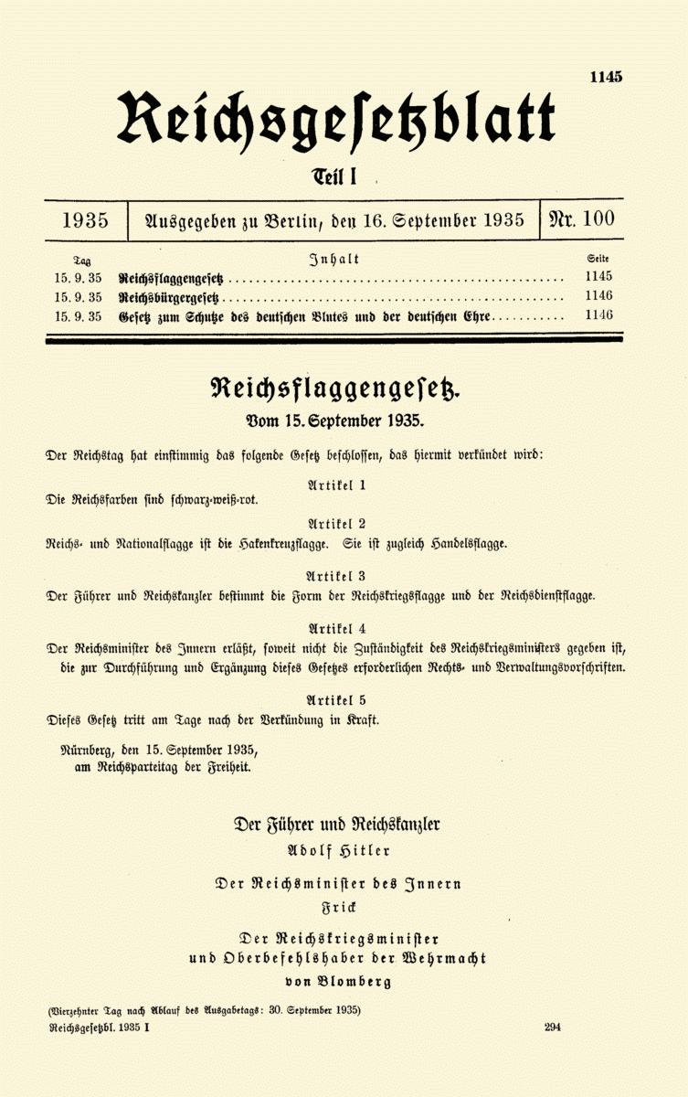 "Staatsblad" Deel I Nr. 100, waarin de drie wetten werden afgekondigd, https://commons.wikimedia.org/wiki/File:RGBL_I_1935_S_1145.jpg
