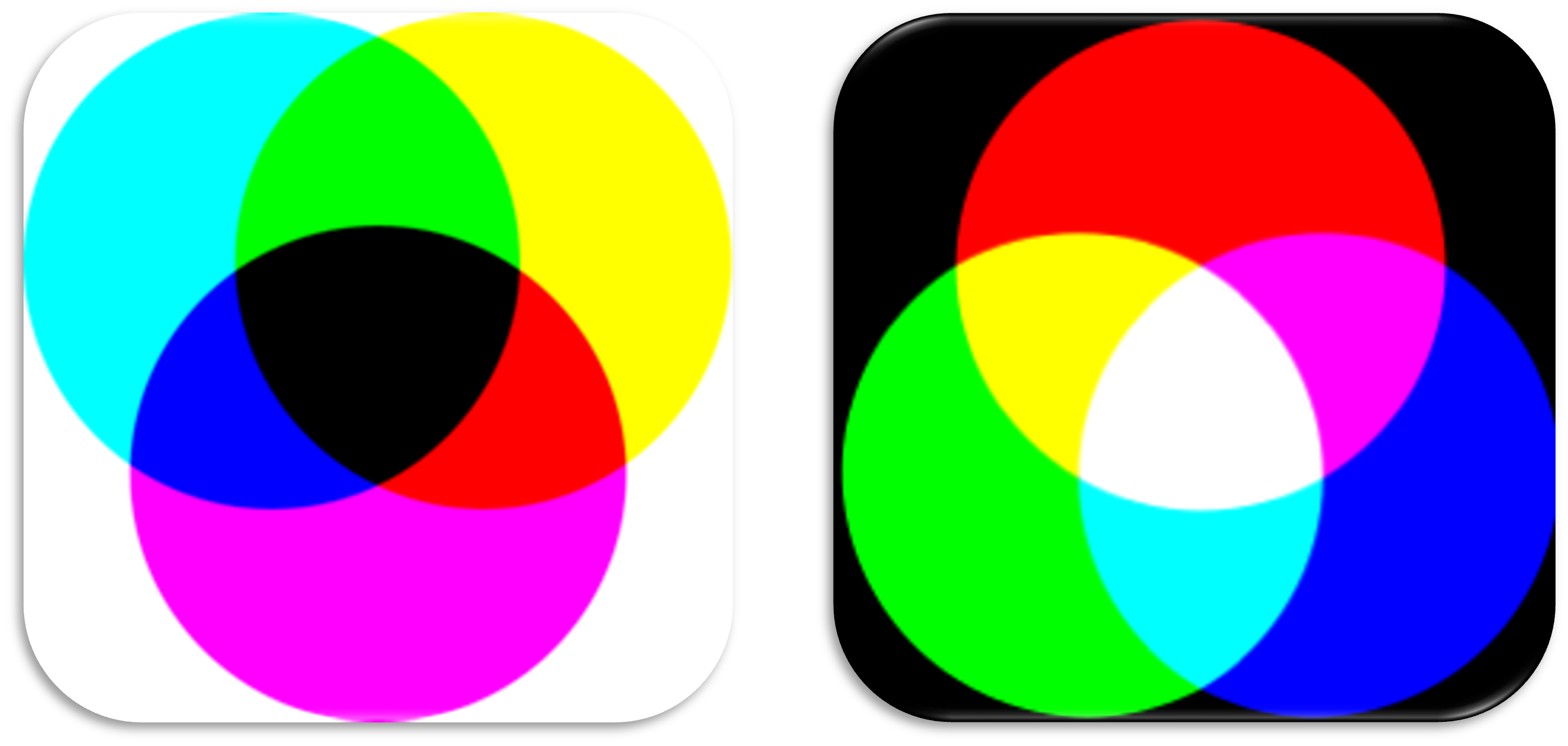 Links subtractief mengen: Bij pigmenten, alle kleuren bij elkaar wordt zwart of bruin. Rechts additief: Bij licht, alle kleuren vormen samen wit licht.