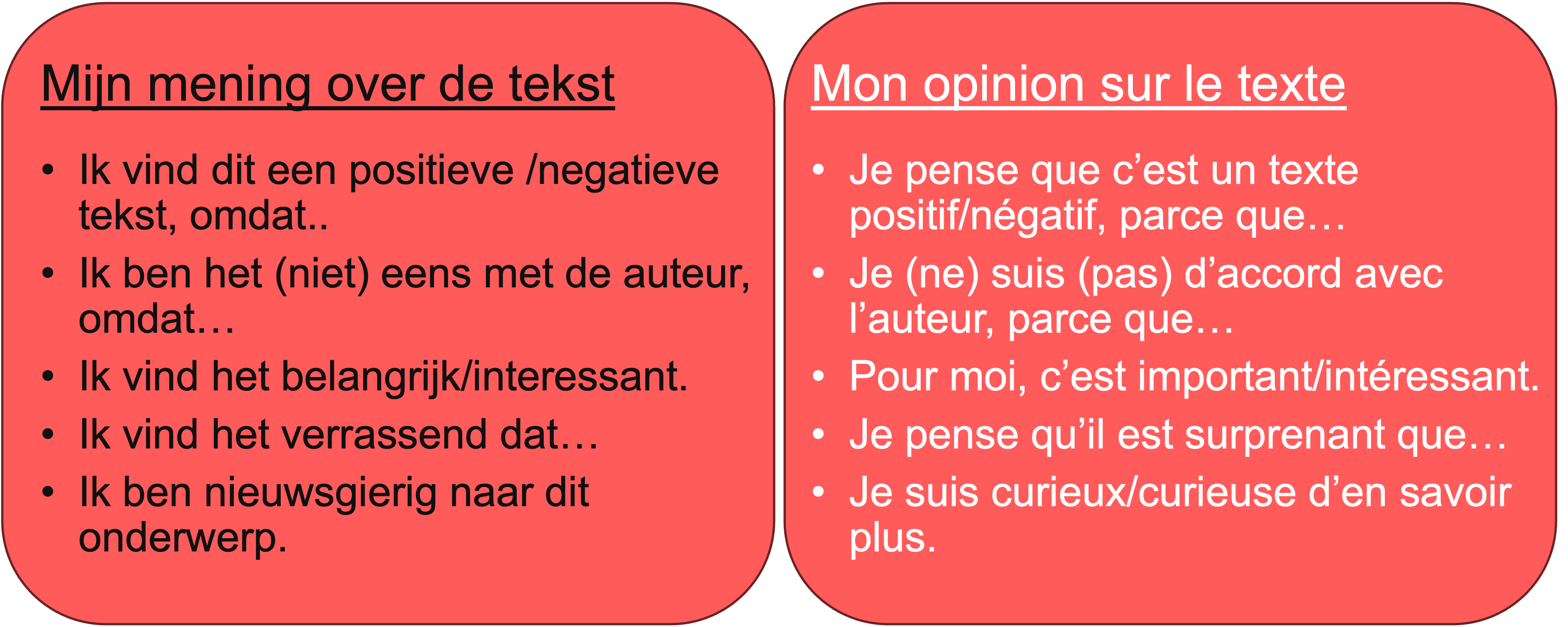 Voorbeeldzinnen die je kan gebruiken om je mening te geven.