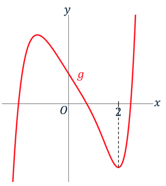 Grafiek van g(x), er is te zien dat er een extreme waarde ligt bij x = 2.