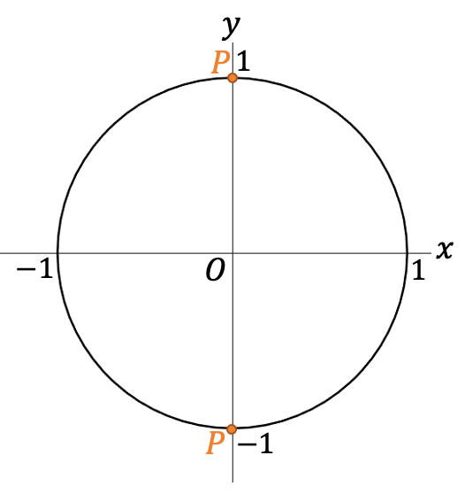 De eenheidscirkel met twee gemarkeerde punten: een punt op (0,1) en een punt op (0,-1). 
