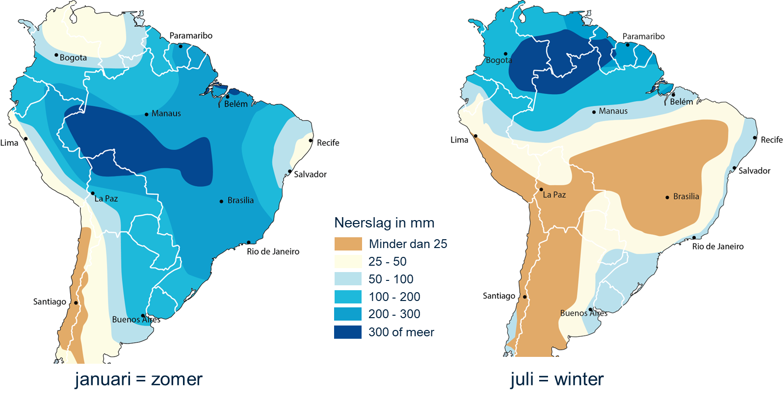 Afbeelding 3: Verschil in neerslag in Brazilië in de zomer en winter door verschuivingen van de ITCZ.
