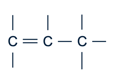De onvolledige structuur van propeen, waarbij de H-atomen nog niet zijn toegevoegd. Het eerste C-atoom heeft twee streepjes naar beneden, het tweede C-atoom één streepje naar beneden en het derde C-atoom heeft drie streepjes naar beneden.