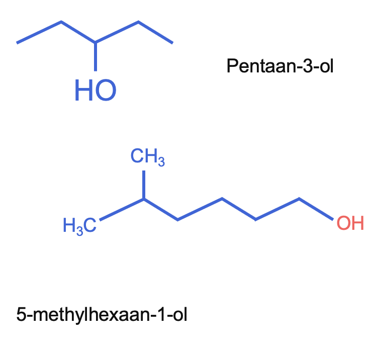 pentaan-3-ol (boven) en 5-methylhexaan-1-ol (onder)